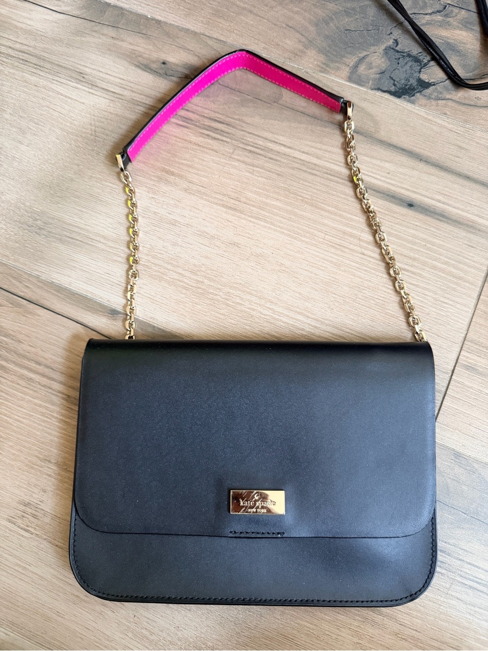 kate spade Black Leather Shoulder Bag with Pink Strap Accent